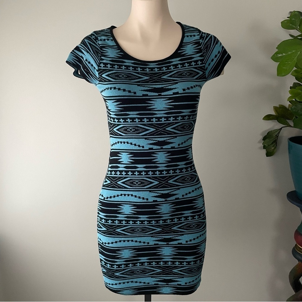Fiancée Aztec Bodycon Mini Dress Southwest Boho Print Tribal Blue Black Small